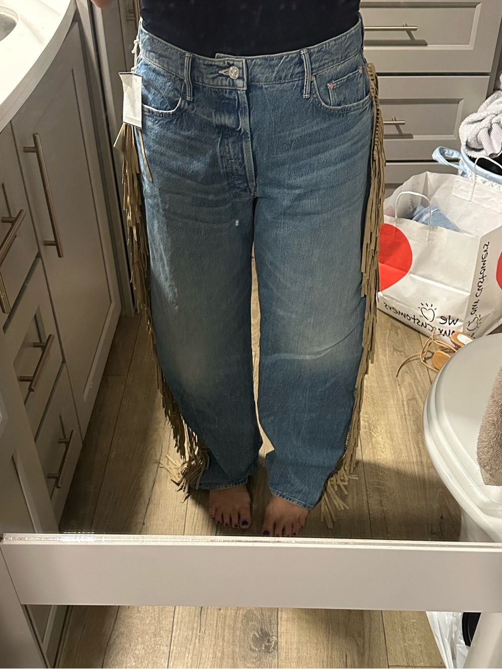 MOTHER Blue Denim Flare Jeans with Tan Fringe - Picture 12 of 12